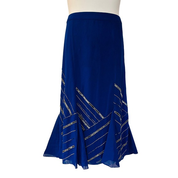 Midnight Velvet Beaded Cobalt Cocktail Formal Dinner Party Midi Skirt Set Suit - Picture 11 of 16
